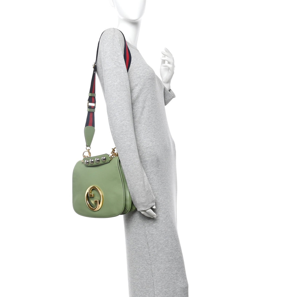 Gucci Roxy Calfskin Web Medium Blondie Top Handle Shoulder Flap Bag Salamander Green
