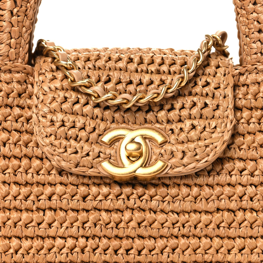 Chanel Braided Raffia Nano Kelly Flap Bag Dark Beige