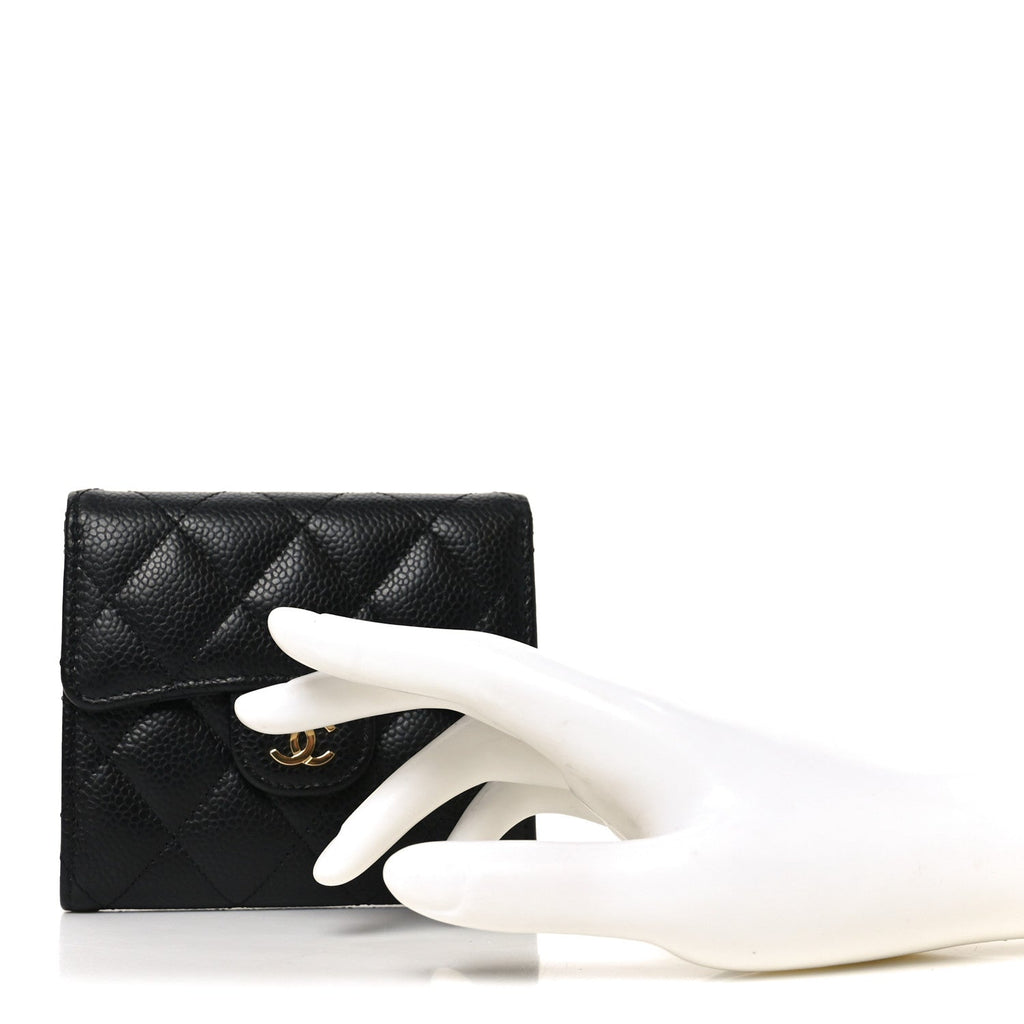Caviar Quilted Compact Flap Wallet Black