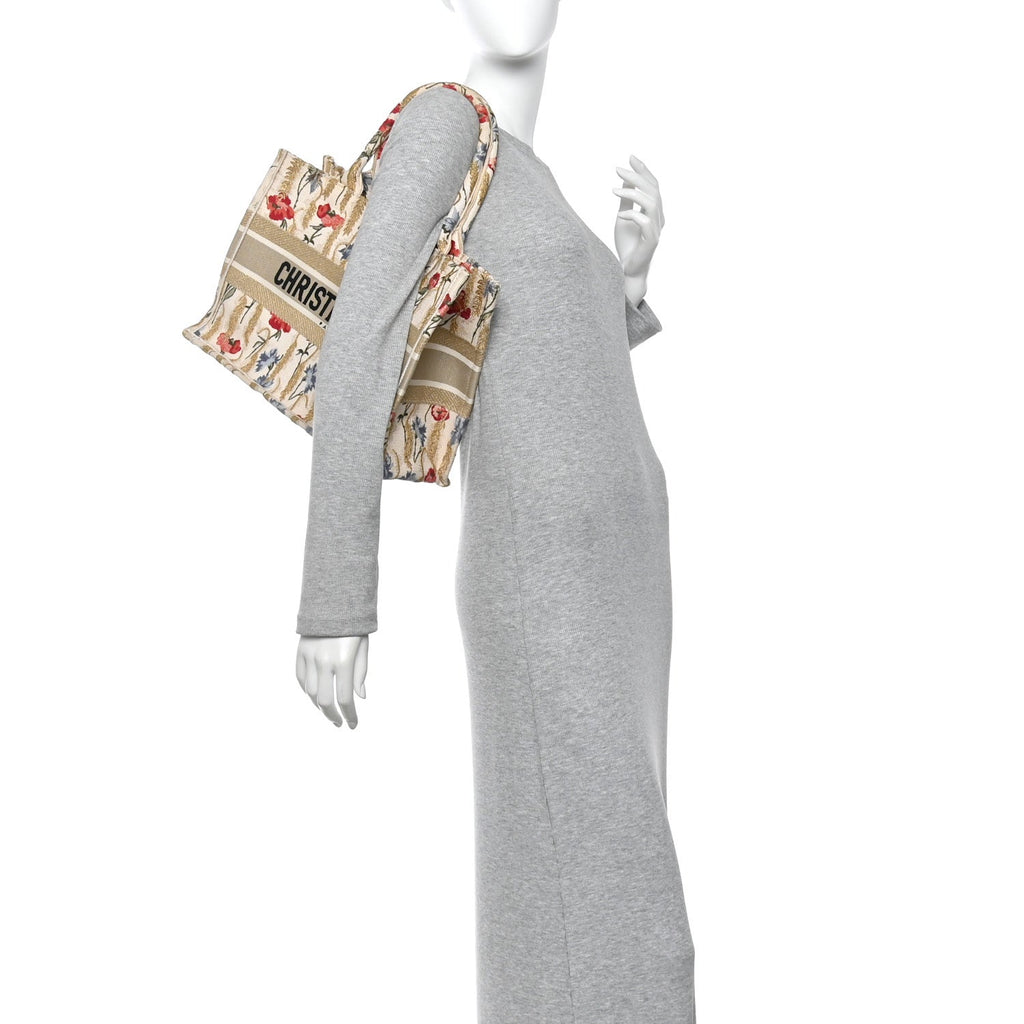 Christian Dior Canvas Embroidered Medium Hibiscus Book Tote Beige Multicolor