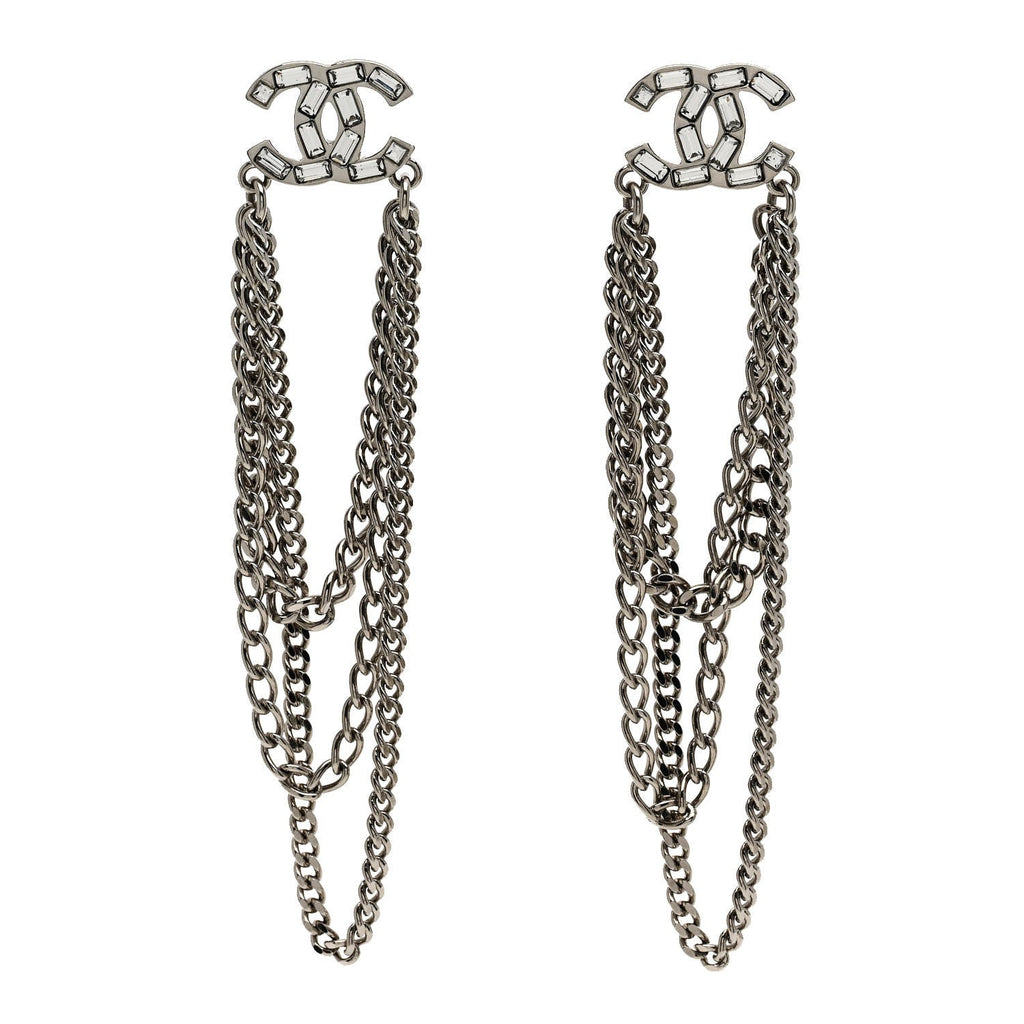 Crystal Baguette CC Chain Drop Earrings Silver