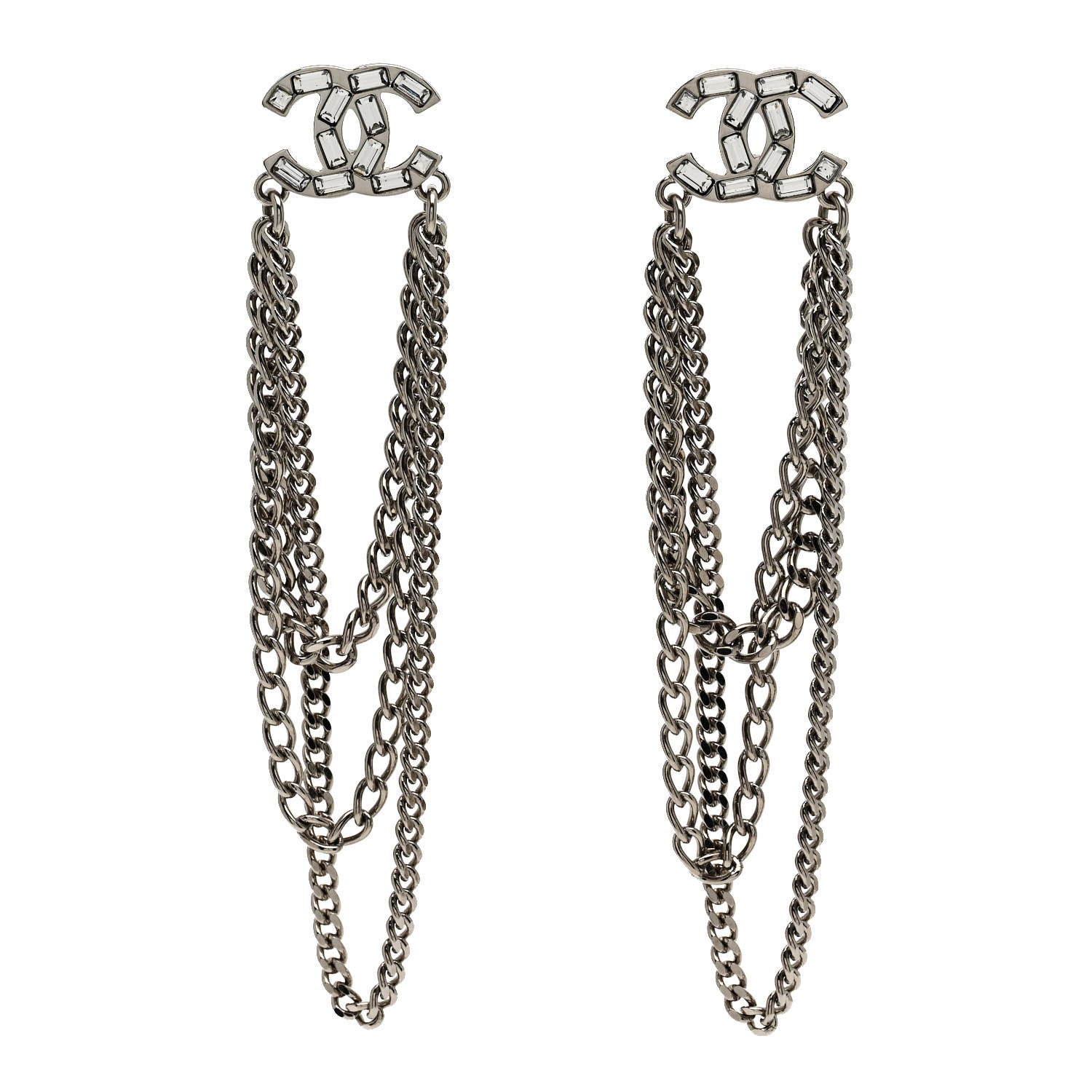 Crystal Baguette CC Chain Drop Earrings Silver