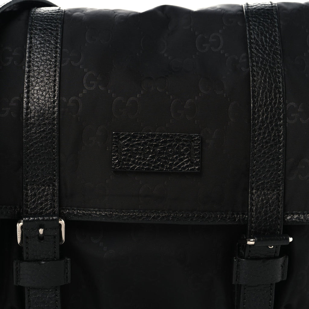 Gucci Nylon Monogram Double Buckle Flap Messenger Bag Black