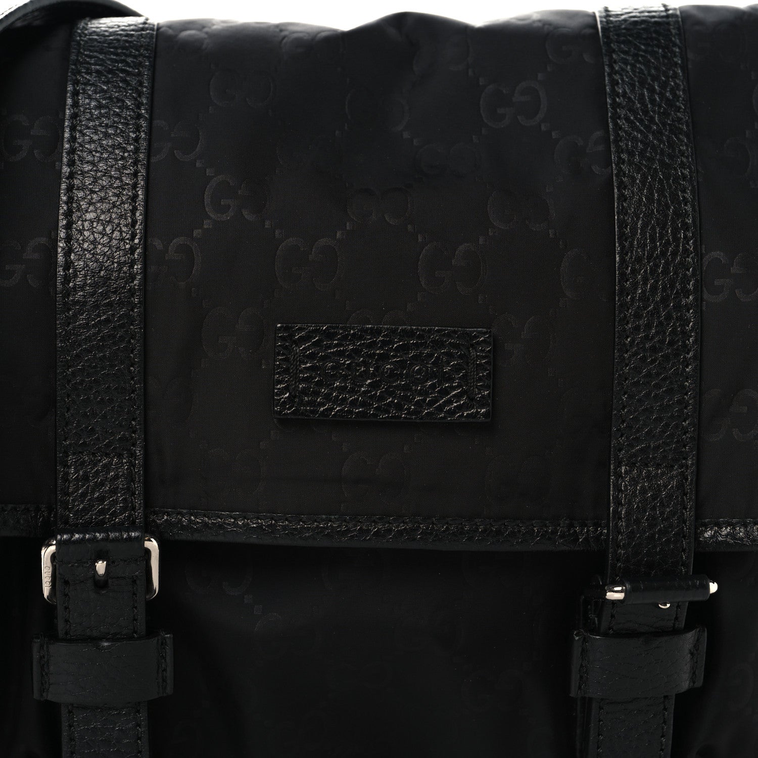 Gucci Nylon Monogram Double Buckle Flap Messenger Bag Black