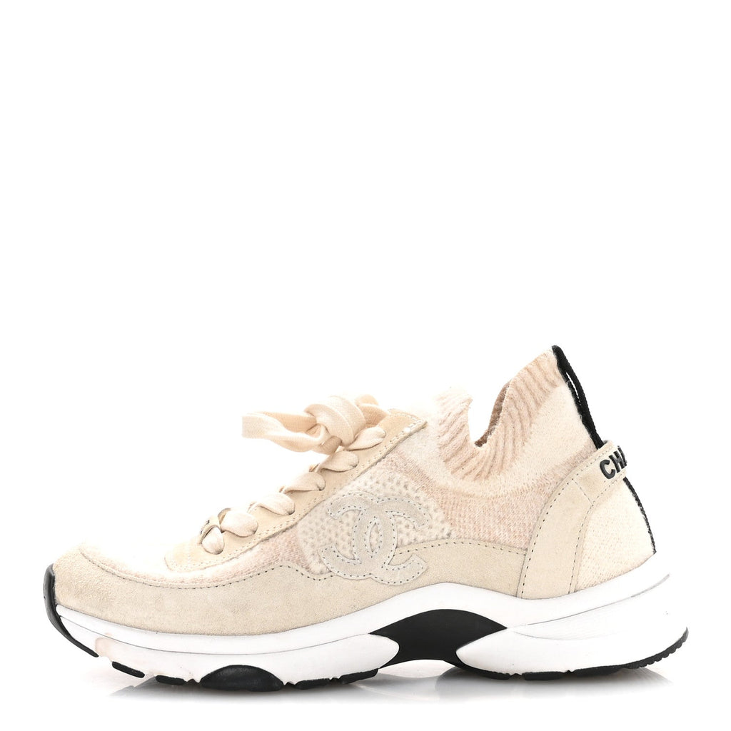 Knit Fabric Suede Calfskin Womens CC Sneakers 36 Ivory
