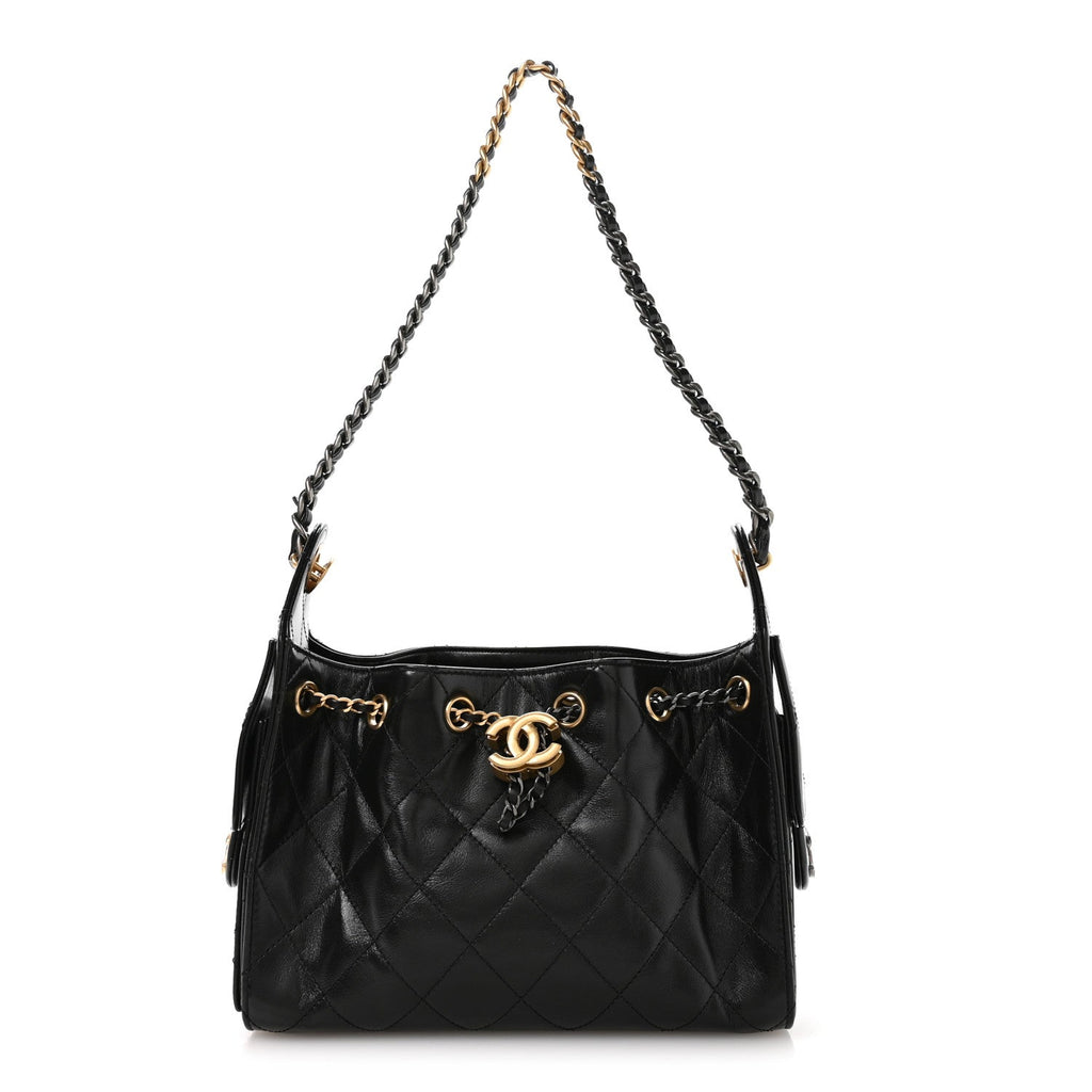 Chanel Shiny Crumpled Calfskin Quilted Mini Chanel 25 Handbag Black