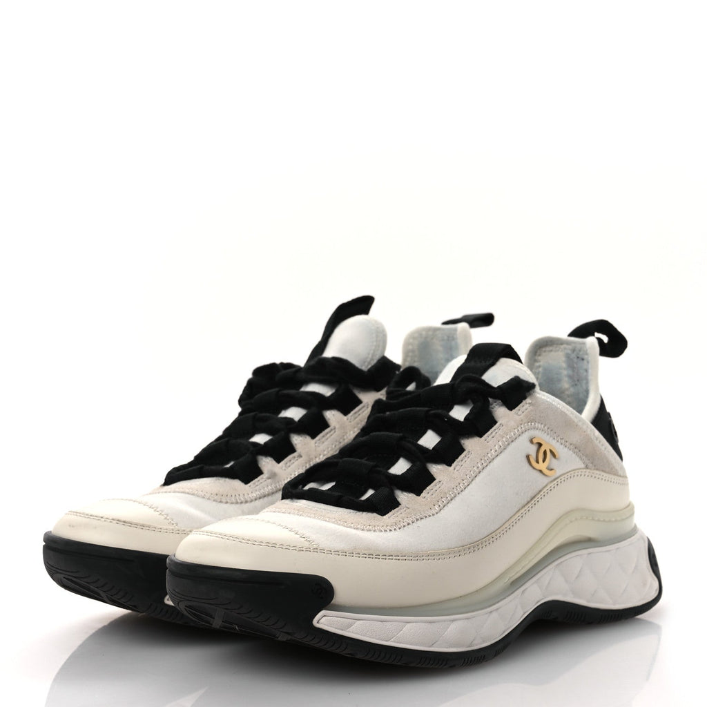 Chanel Velvet Calfskin Mixed Fibers CC Sneakers 36 Ivory Black