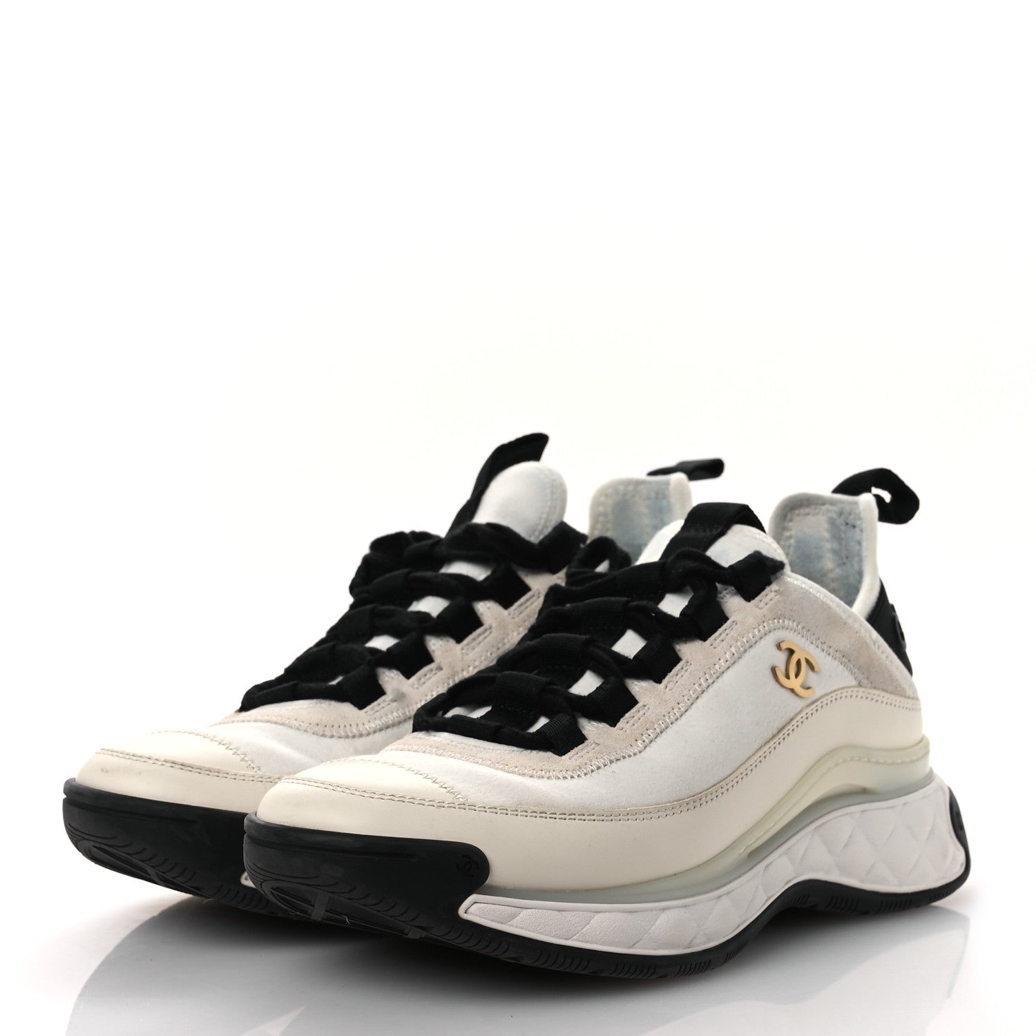 Chanel Velvet Calfskin Mixed Fibers CC Sneakers 36 Ivory Black