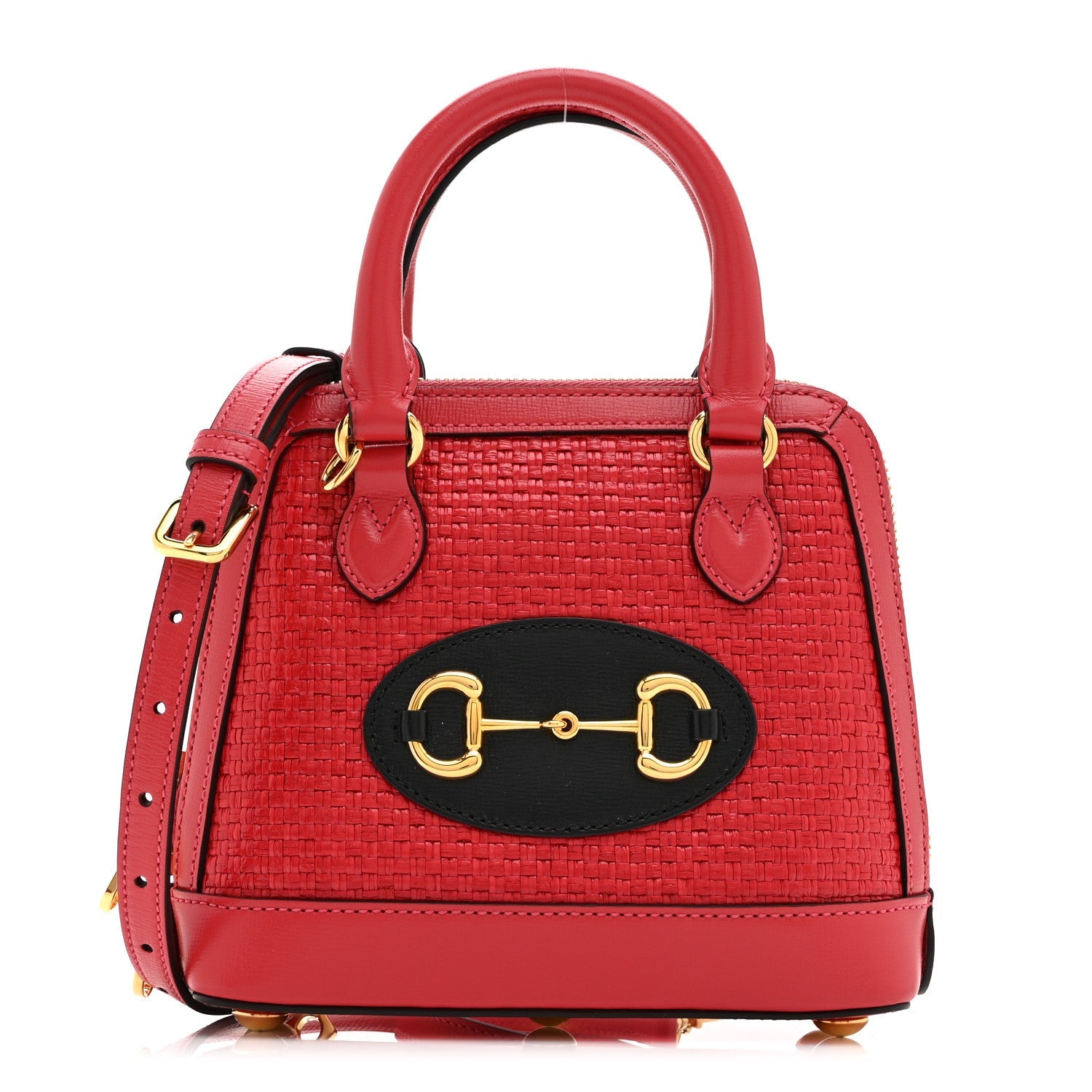 Gucci Straw Azalea Calfskin Woven Mini Horsebit 1955 Top Handle Bag Coral Wave Black