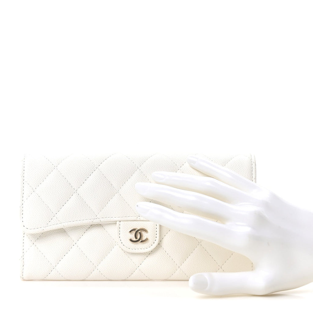 Caviar Quilted Large Gusset Flap Wallet White