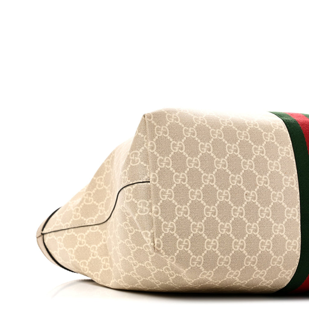 Gucci GG Supreme Monogram Textured Dollar Calfskin Web Medium Ophidia Shopping Tote Beige Mystic White Oatmeal