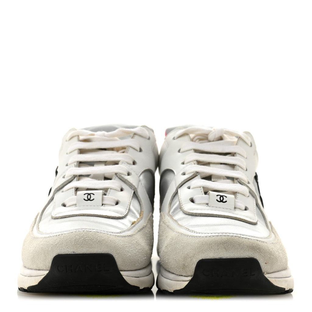Calfskin Fabric Sneakers 36 White Silver Fluo Pink