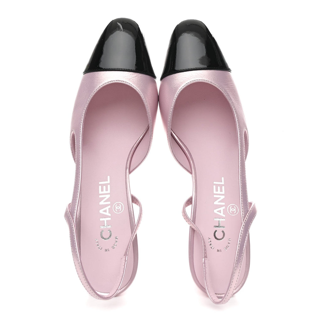 Laminated Lambskin Patent Cap Toe CC Slingback Pumps 37 Light Pink Black