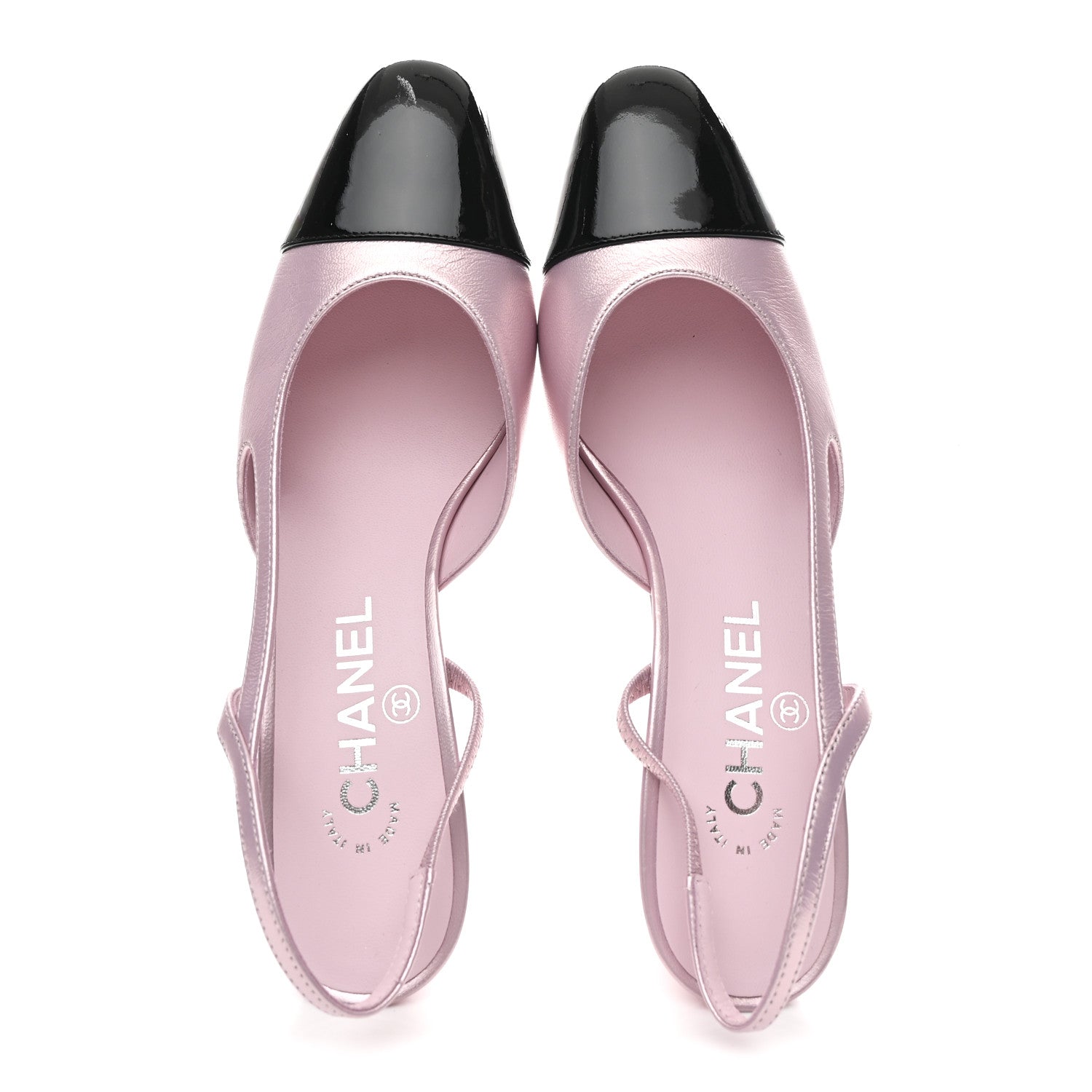 Laminated Lambskin Patent Cap Toe CC Slingback Pumps 37 Light Pink Black