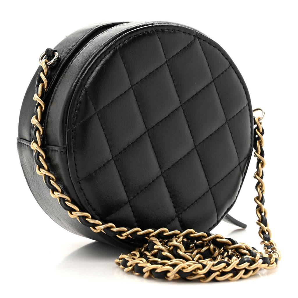 Chanel Lambskin Quilted Round Clutch With Chain Black