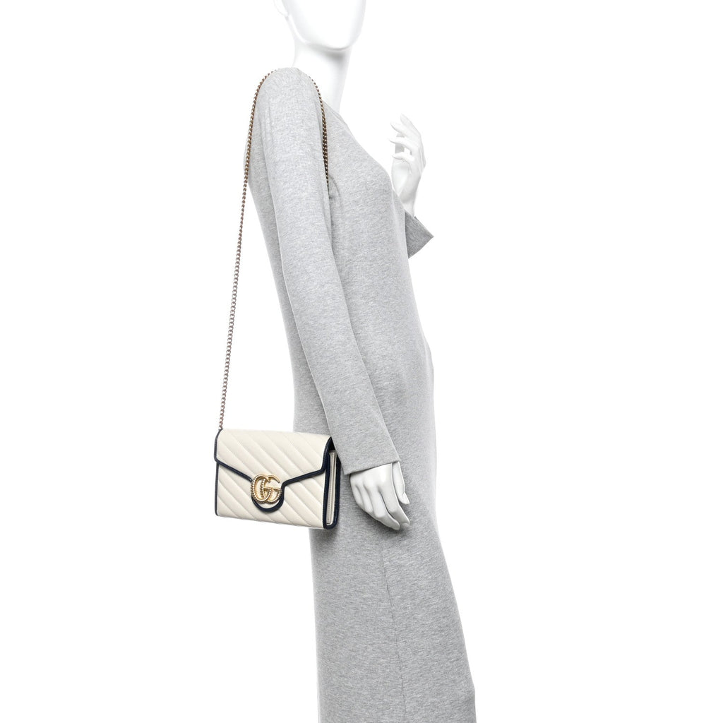 Gucci Vintage Effect Calfskin Matelasse Diagonal Torchon GG Marmont Chain Wallet Mystic White Blue Agata