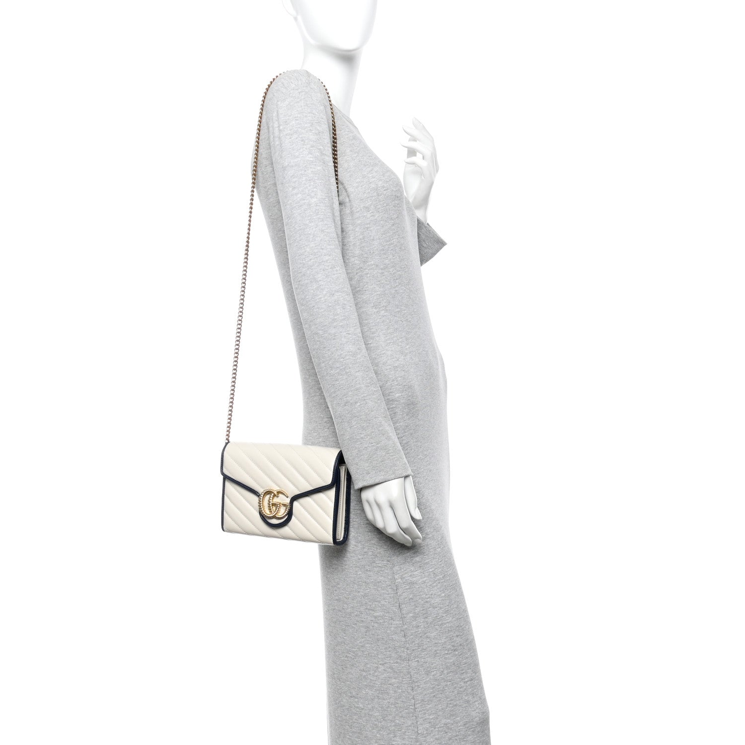 Gucci Vintage Effect Calfskin Matelasse Diagonal Torchon GG Marmont Chain Wallet Mystic White Blue Agata