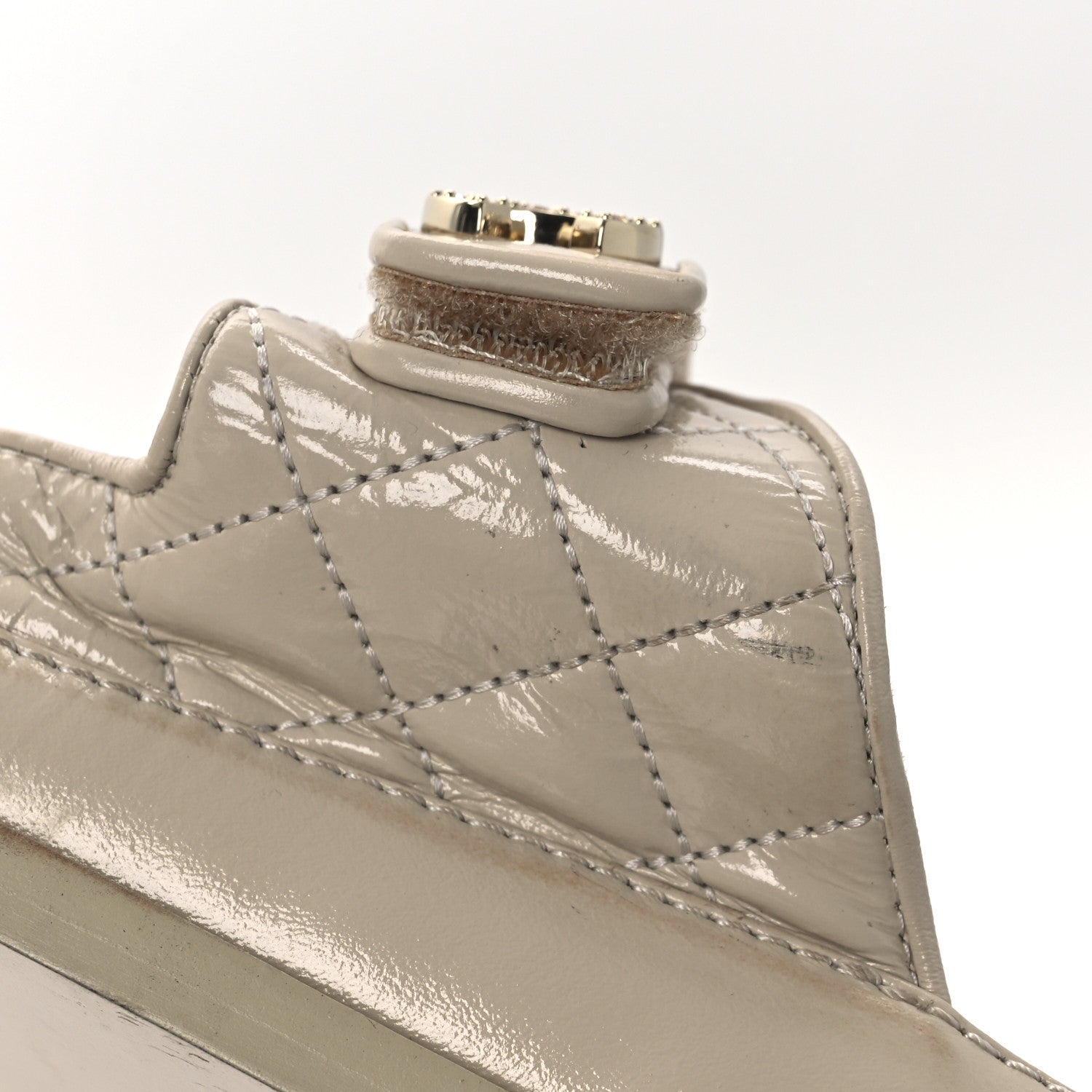 Chanel Shiny Calfskin Quilted Velcro Dad Crystal CC Slide Sandals 39 Beige
