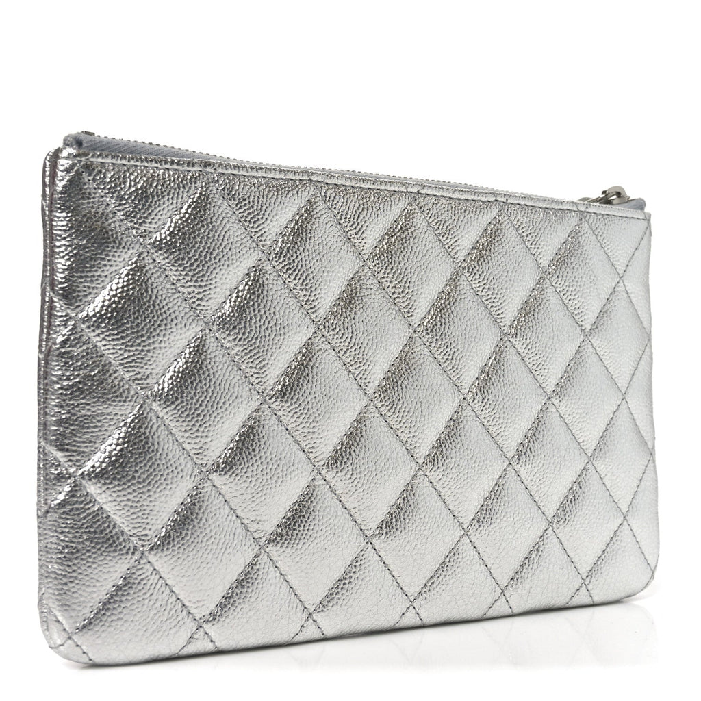 Metallic Caviar Quilted Small Zipped Pouch Silvery