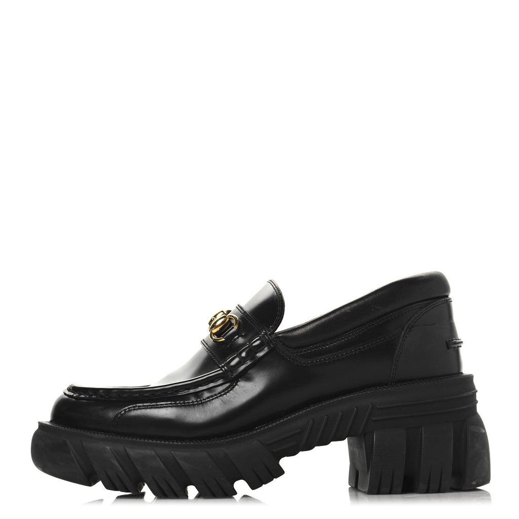 Gucci Magnum Calfskin Nappa Samoa Womens Horsebit Platform Chunky Lug Sole 40mm Loafers 38.5  Black