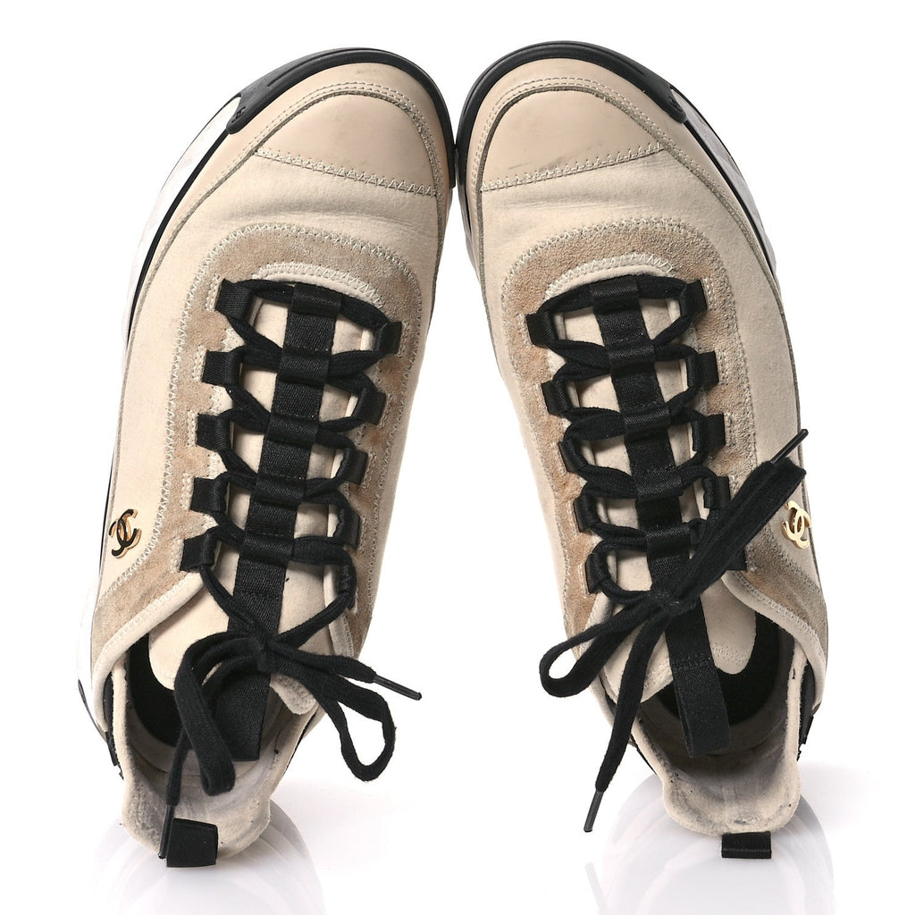 Chanel Velvet Calfskin Mixed Fibers CC Sneakers 40.5 Beige