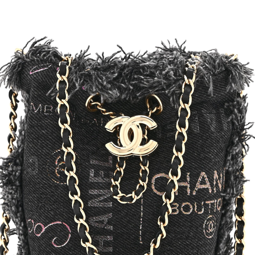 Chanel Denim Quilted Mood Mini Bucket With Chain Black Multicolor