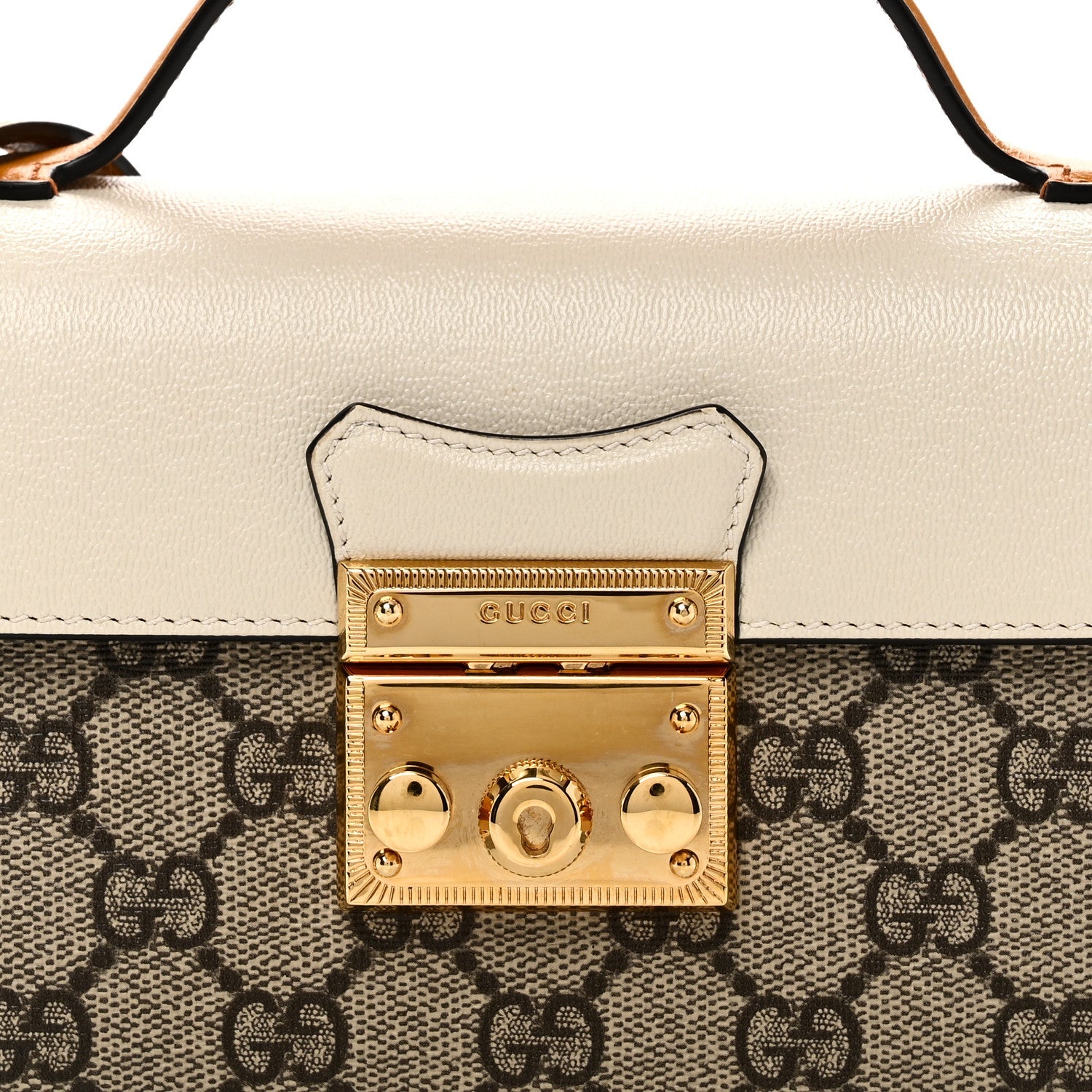 Gucci GG Supreme Monogram New Sakai Calfskin Mini Padlock Top Handle Shoulder Bag Beige Ebony Mystic White Sun Oil