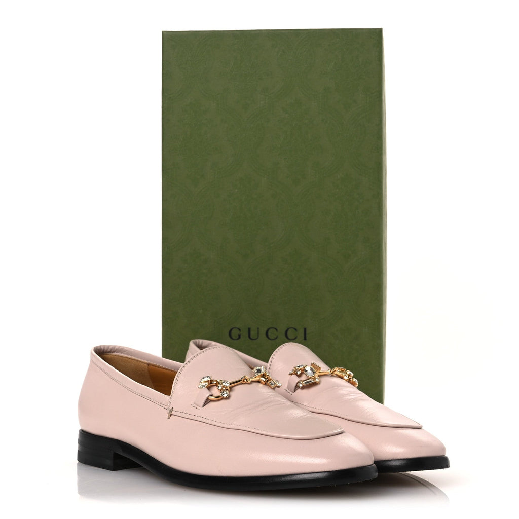 Gucci Malaga Kid Crystal Horsebit Womens Jordaan Loafers 37 Pink Hibiscus