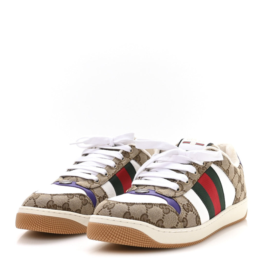 Gucci GG Supereme Monogram Calfskin Web Mens Screener Sneakers 10 Beige Ebony White Shine Purple