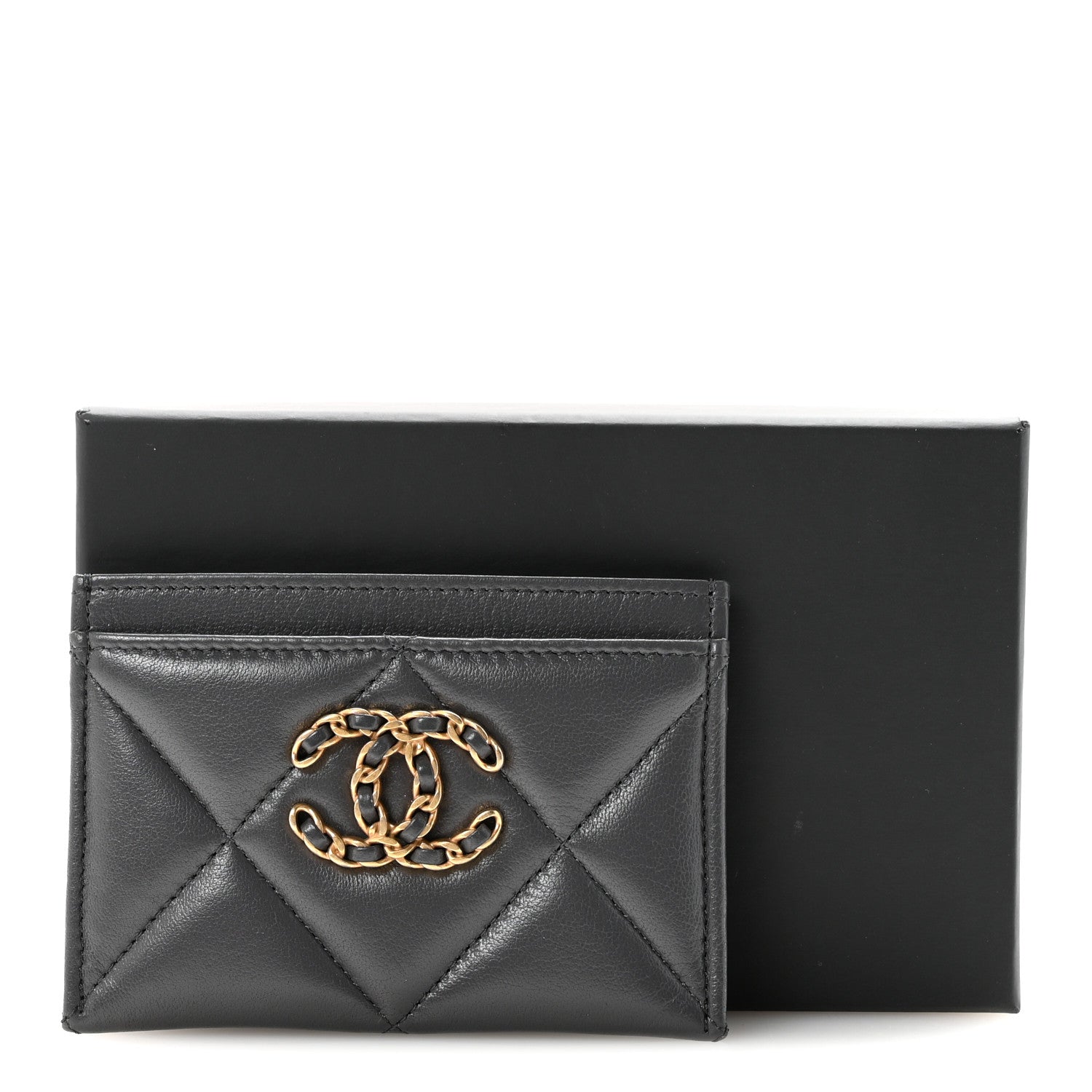 Chanel Shiny Goatskin Quilted Chanel 19 Card Holder Dark Grey