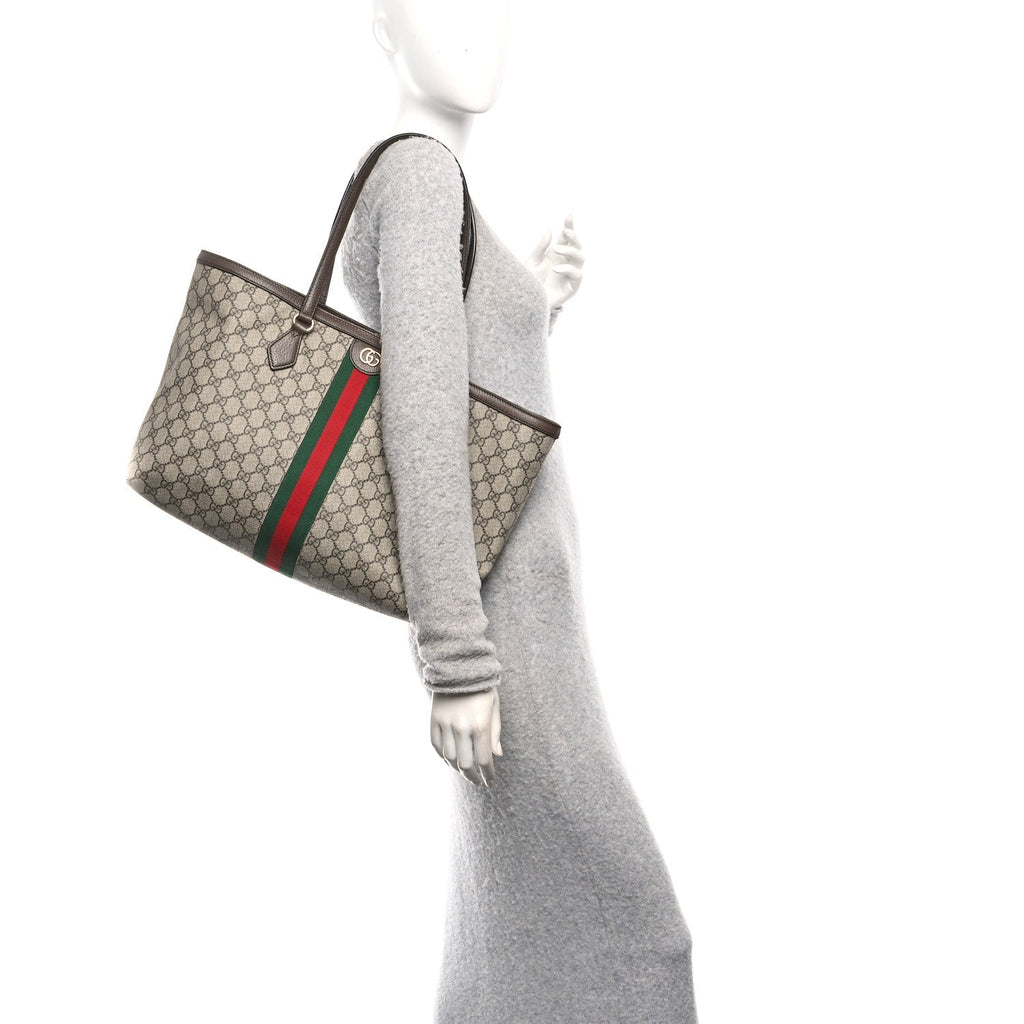 Gucci GG Supreme Monogram Textured Calfskin Web Medium Ophidia Shopping Tote Beige Ebony New Acero