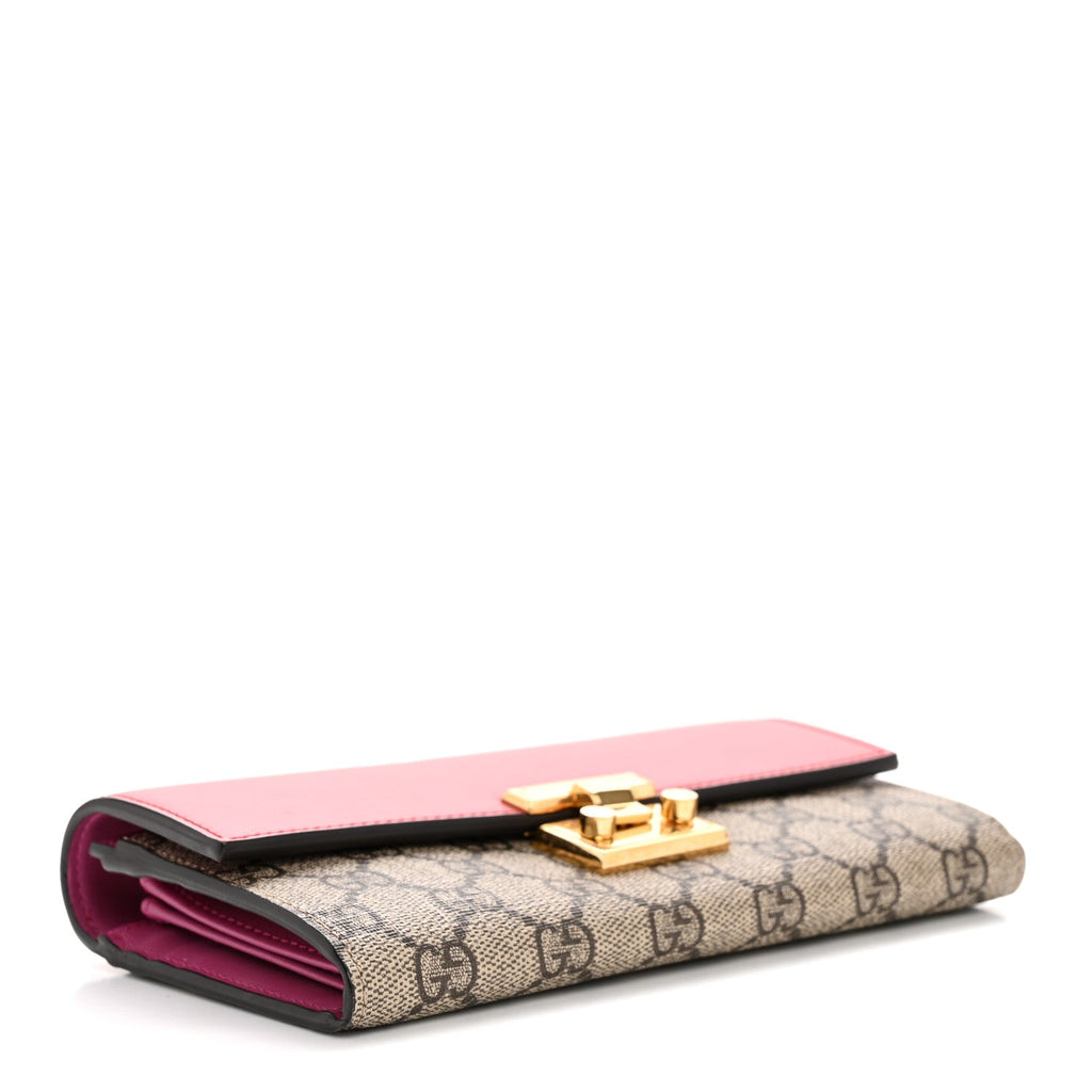 Gucci GG Supreme Monogram Moon Calfskin Padlock Continental Chain Wallet Beige Ebony Hibiscus Red New Rosette
