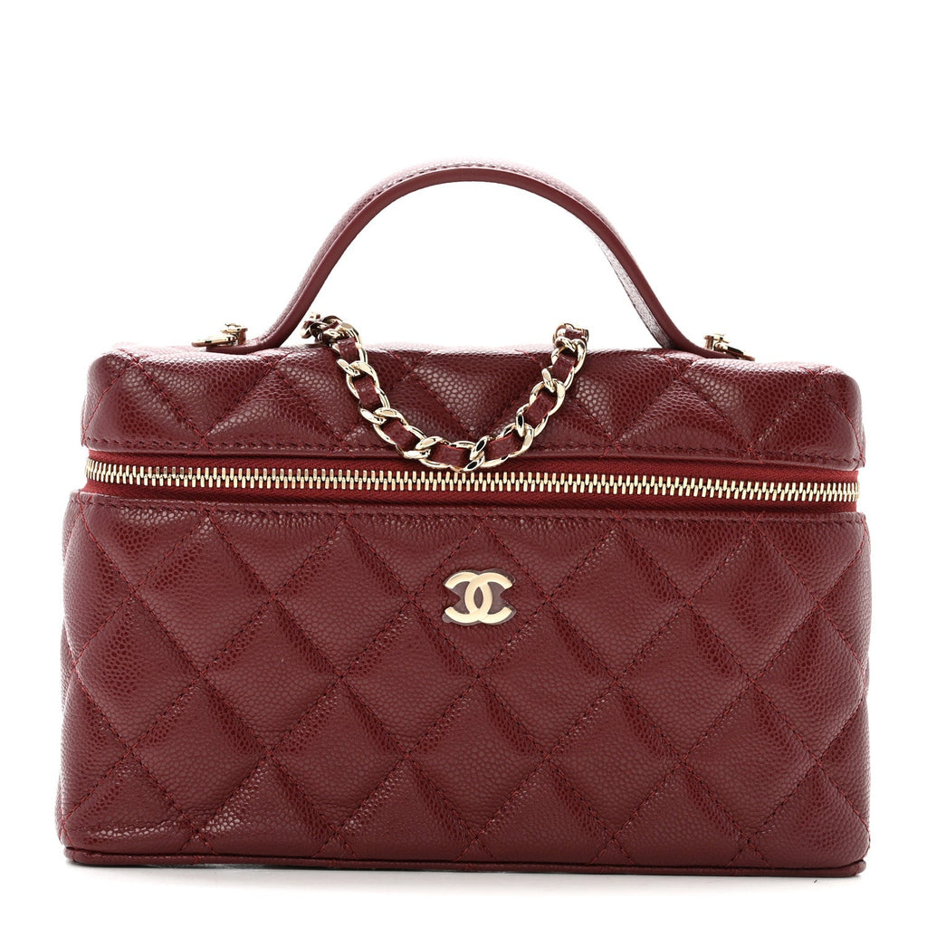 Caviar Quilted Top Handle Slim Vanity With Chain Burgundy