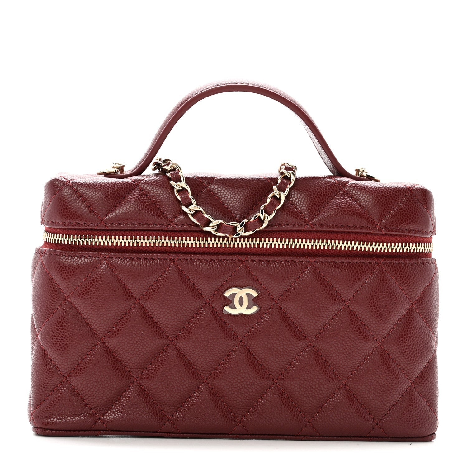 Caviar Quilted Top Handle Slim Vanity With Chain Burgundy
