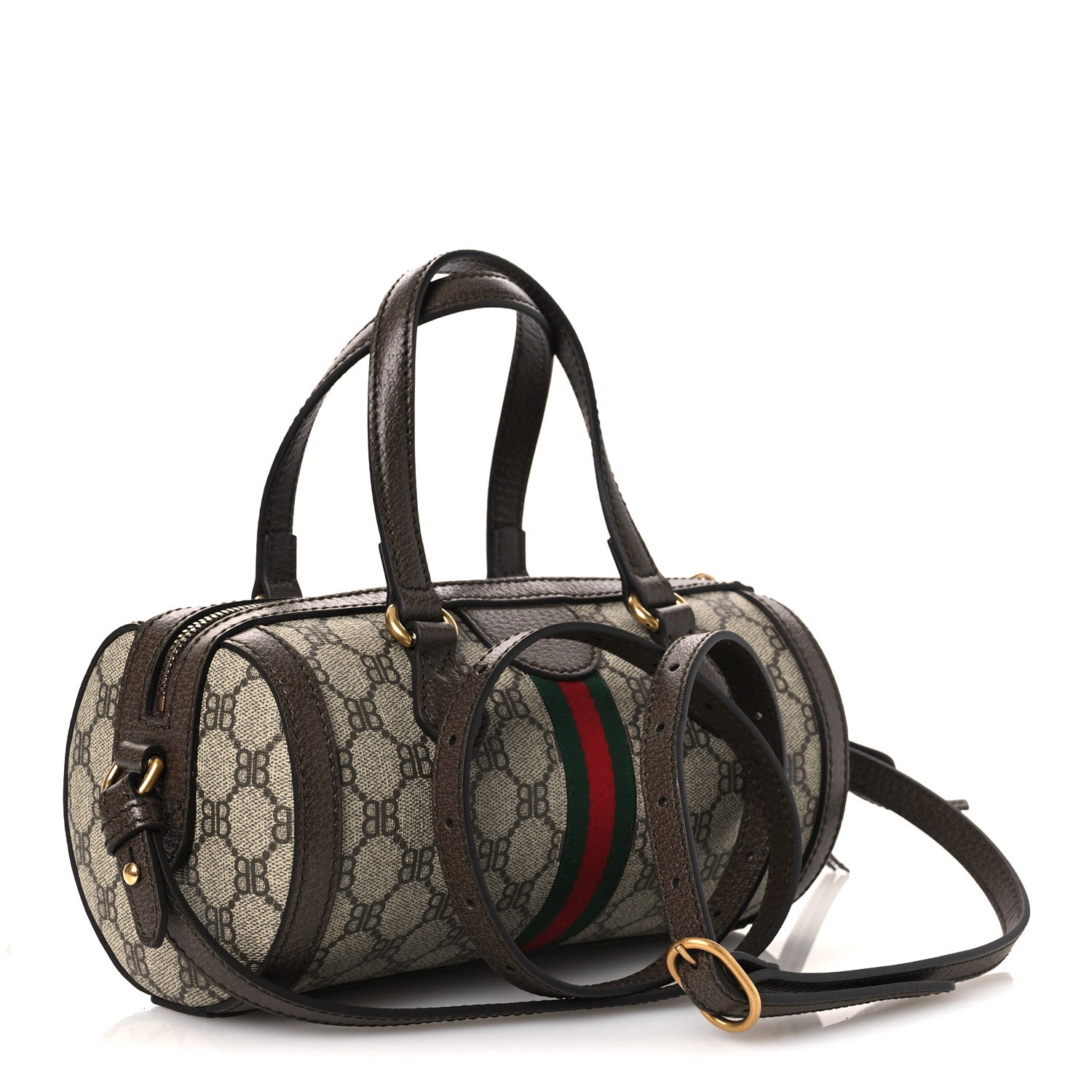Gucci X BALENCIAGA BB Supreme Monogram Web Small Ophidia Boston Bag Beige New Acero