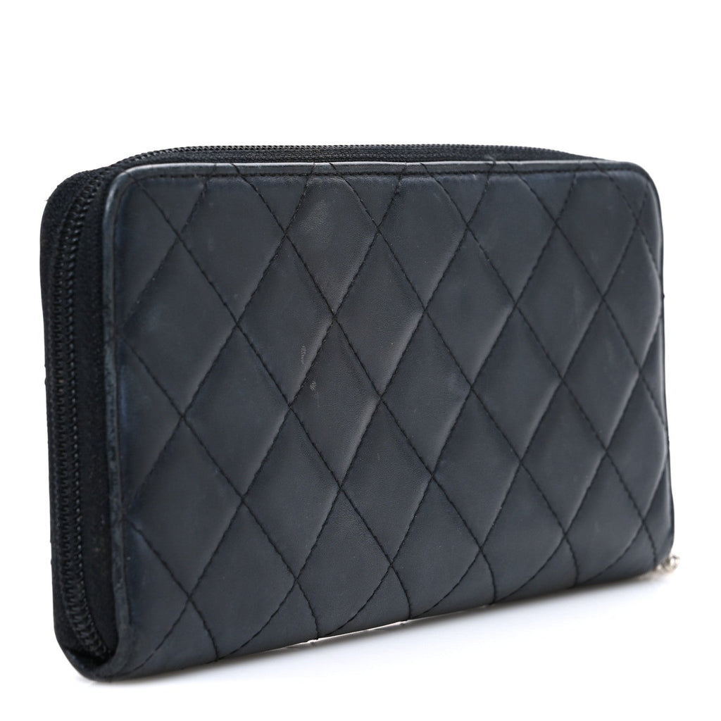 Calfskin Quilted Cambon Large Gusset Zip Around Wallet Black