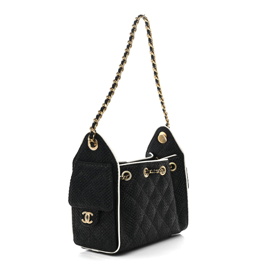 Chanel Braided Raffia Calfskin Quilted Mini Chanel 25 Handbag Black White