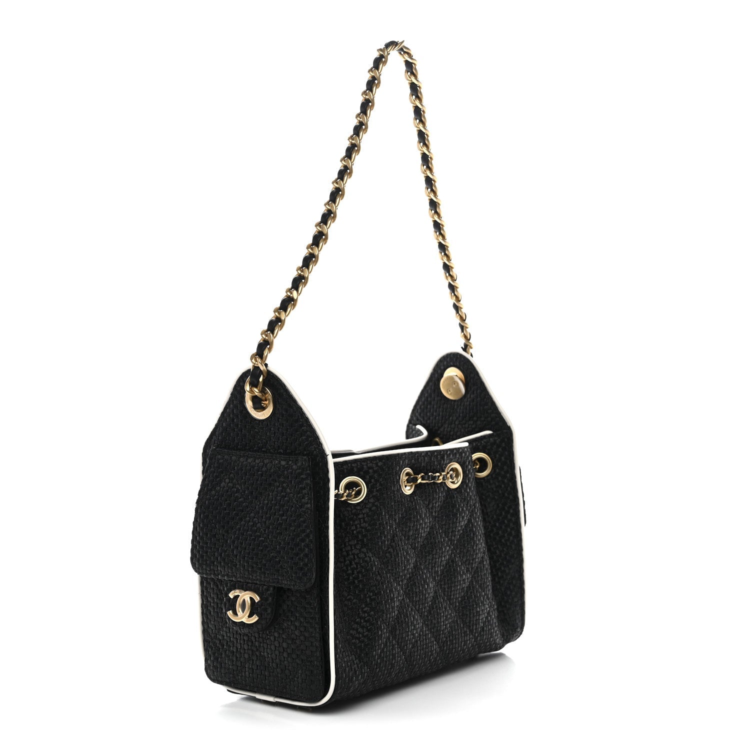 Chanel Braided Raffia Calfskin Quilted Mini Chanel 25 Handbag Black White