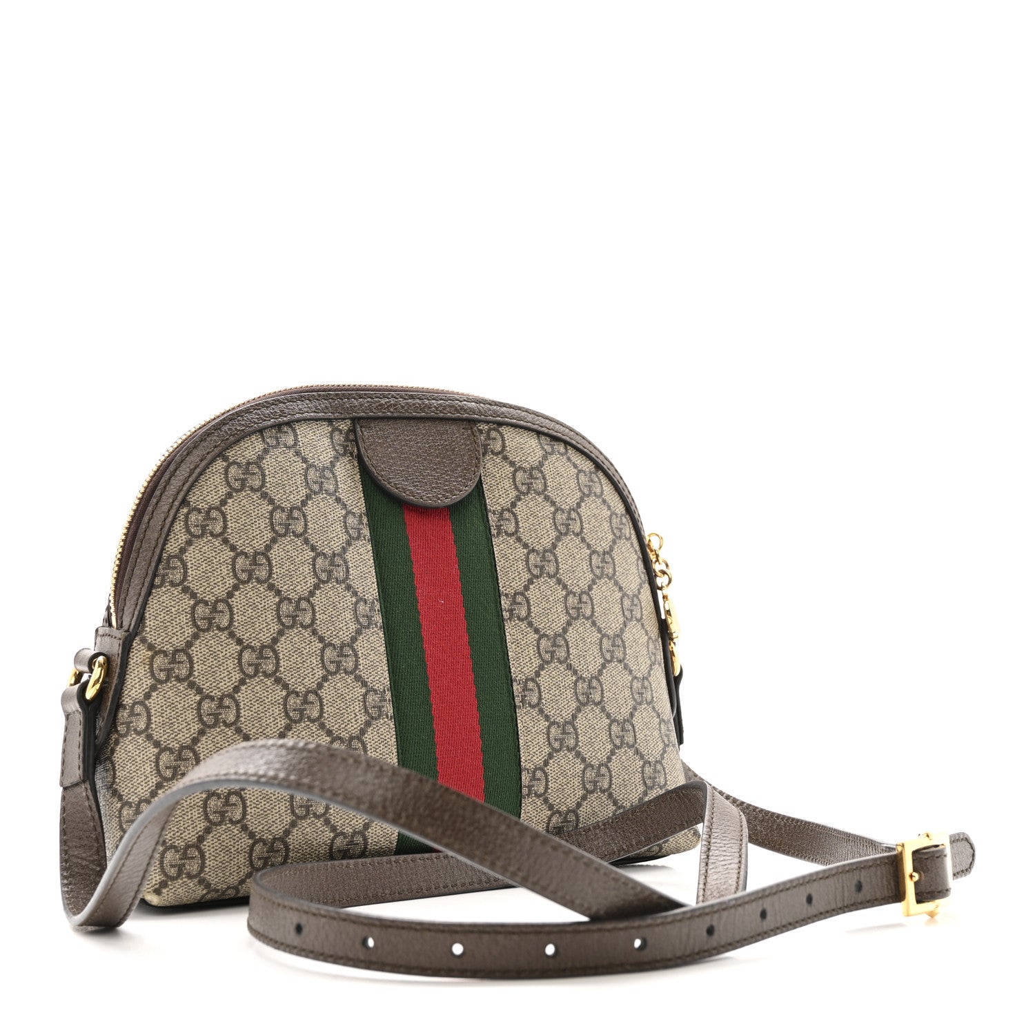 Gucci GG Supreme Monogram Textured Dollar Calfskin Web Small Ophidia Dome Shoulder Bag Beige Ebony New Acero