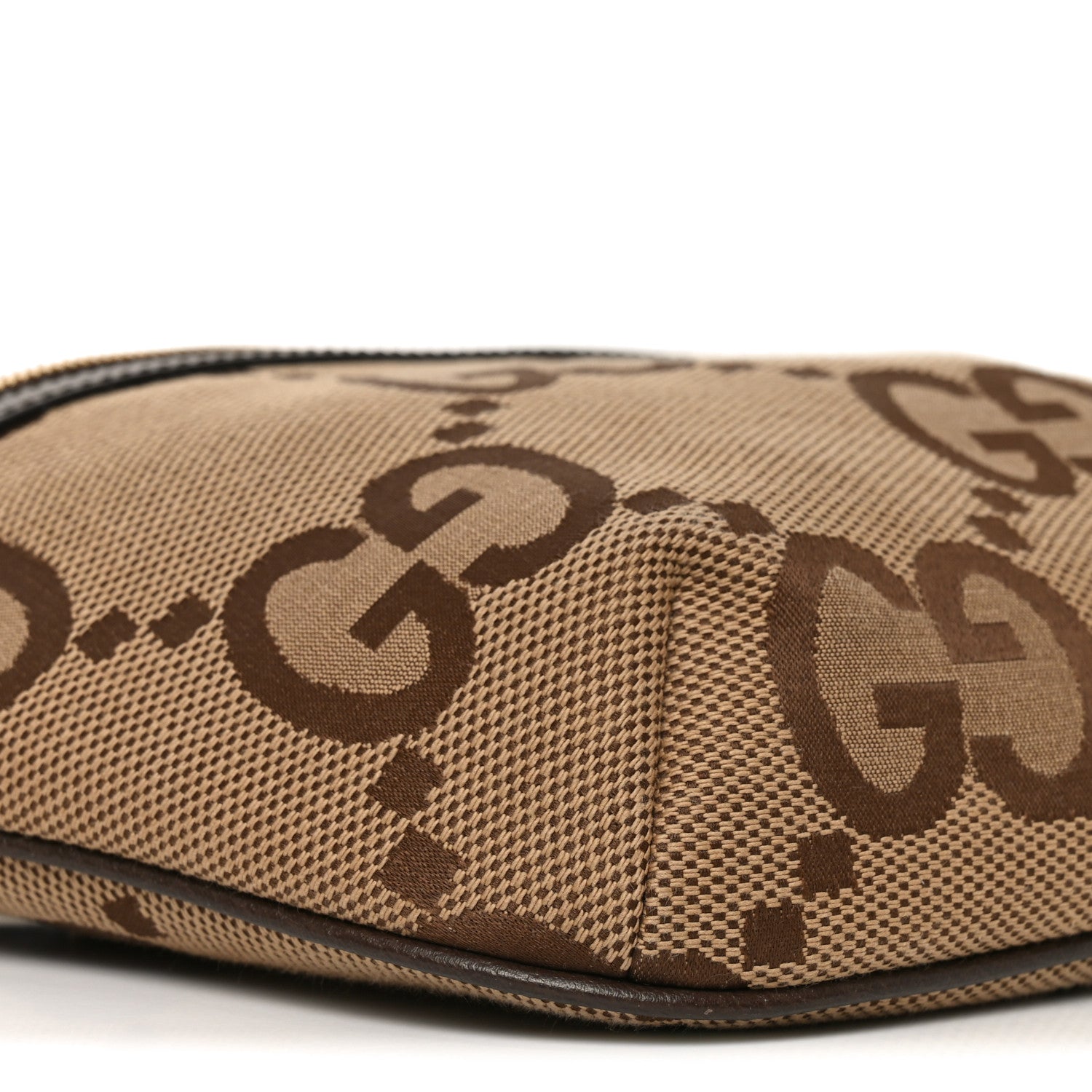 Gucci Monogram Jumbo GG Textured Dollar Calfskin Web Belt Bag Camel Ebony New Acero