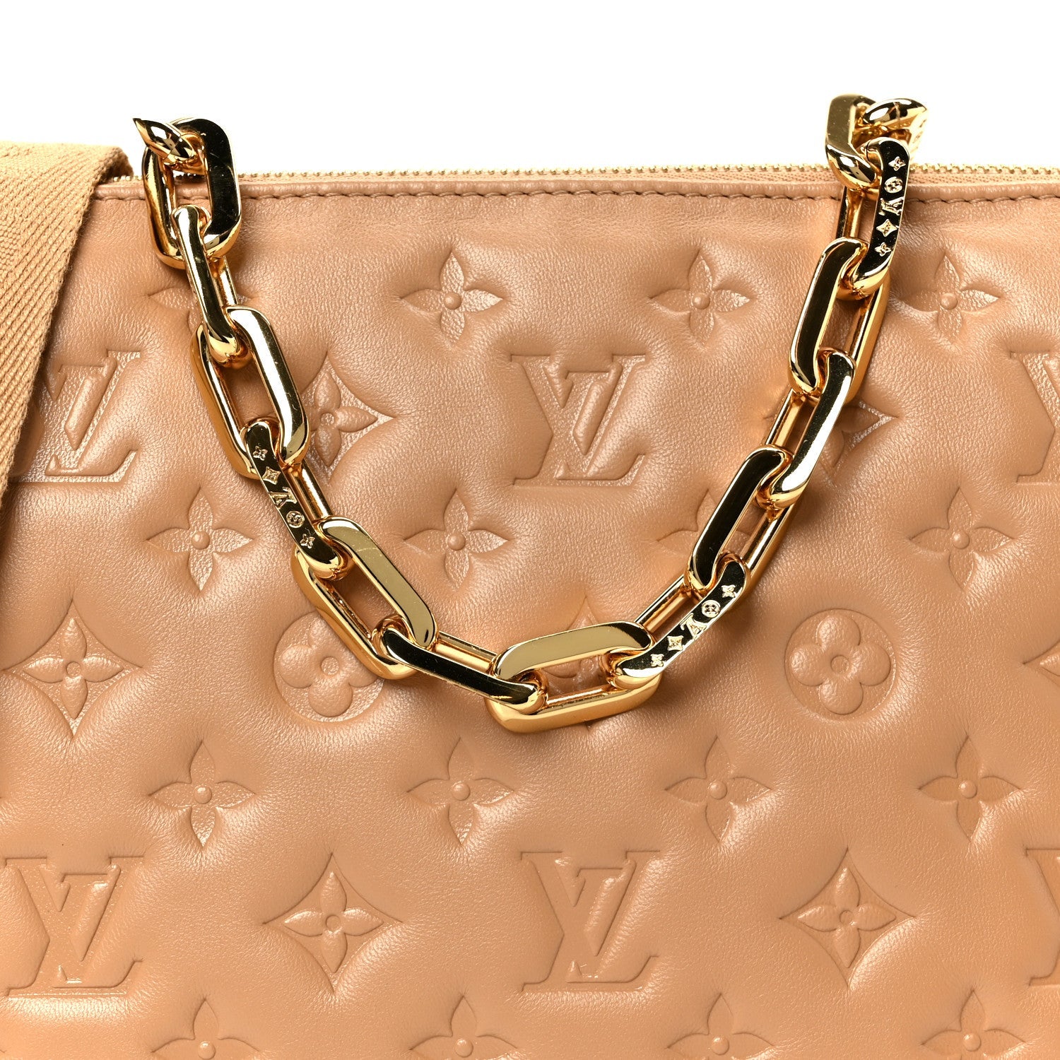 Louis Vuitton Lambskin Embossed Monogram Coussin PM Camel
