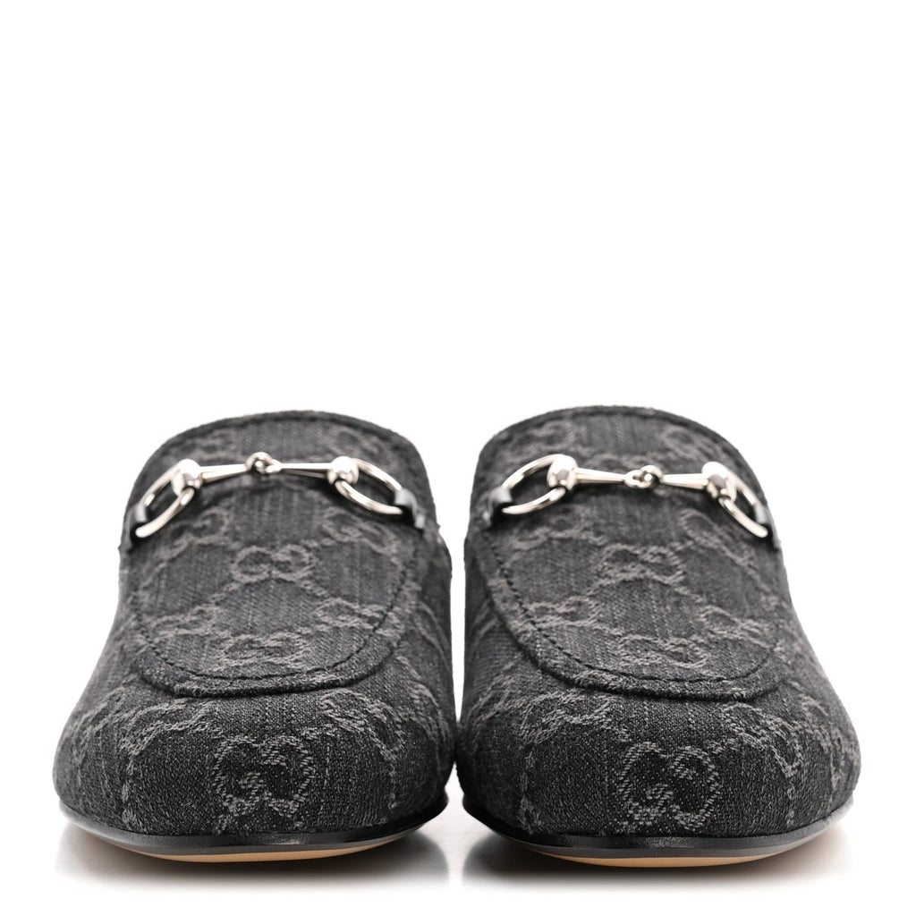 Gucci New Denim GG Malaga Kid Womens Princetown Slippers 36 Grey Black