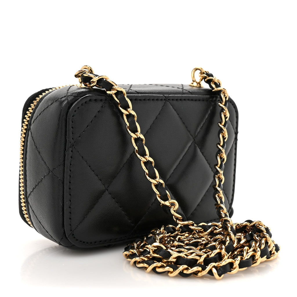 Chanel Lambskin Quilted Mini Golden Plate Clutch With Chain Black