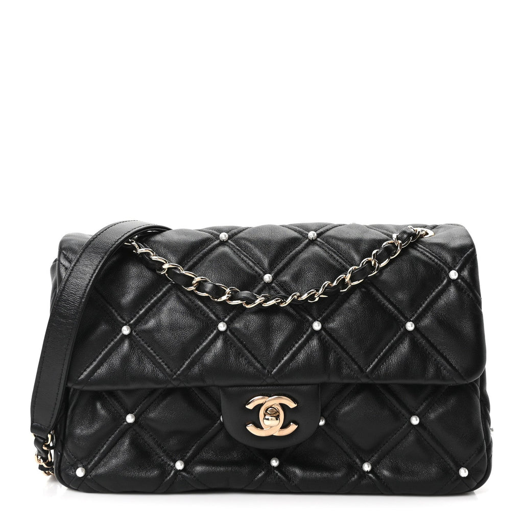 Chanel Lambskin Quilted Pearl Studded Flap Black