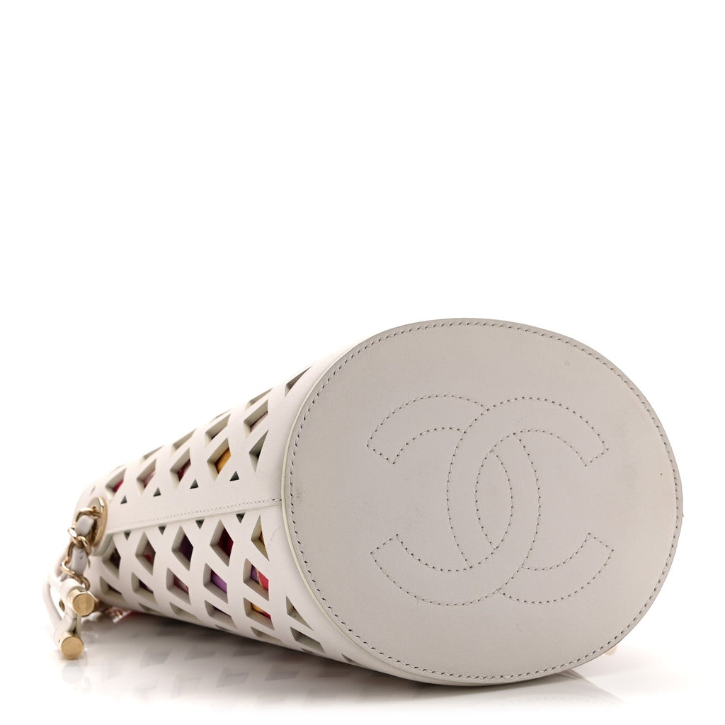 Chanel Lambskin Sea Through Bucket Drawstring Bag White Multicolor