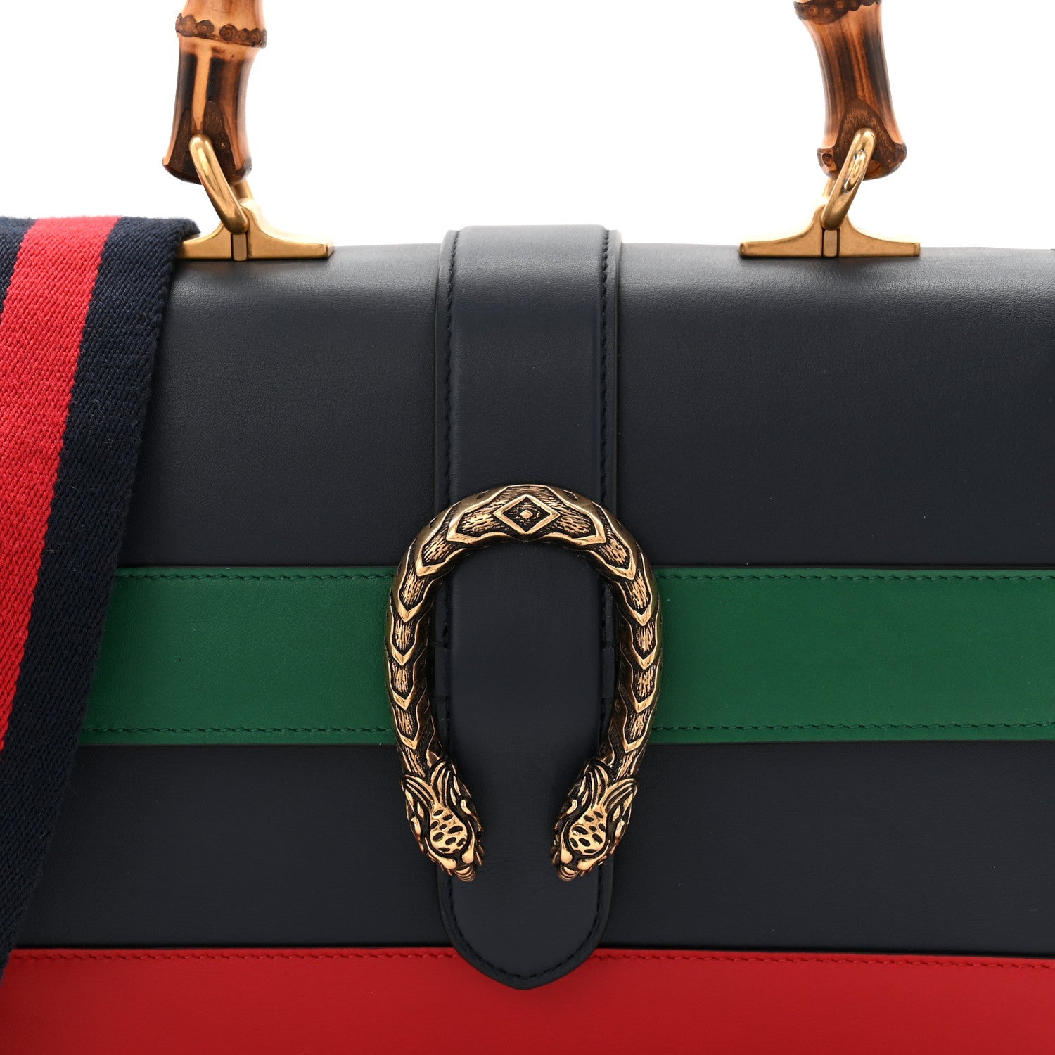Gucci Moon Calfskin Web Medium Dionysus Bamboo Top Handle Bag Black Bright Evergreen Hibiscus Red
