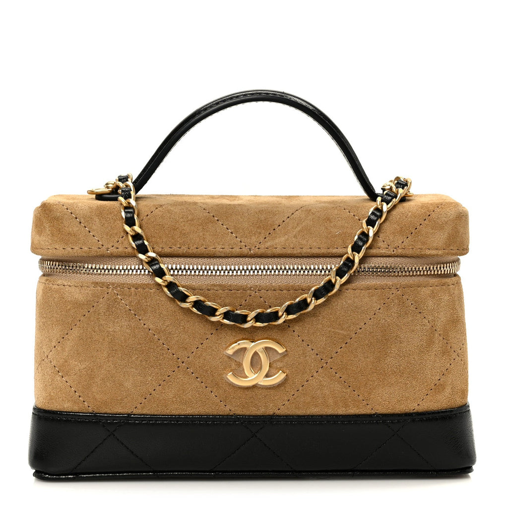 Chanel Suede Calfskin Shiny Lambskin Stitched Top Handle Slim Vanity Case With Chain Beige Black