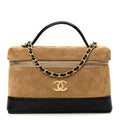 Chanel Suede Calfskin Shiny Lambskin Stitched Top Handle Slim Vanity Case With Chain Beige Black