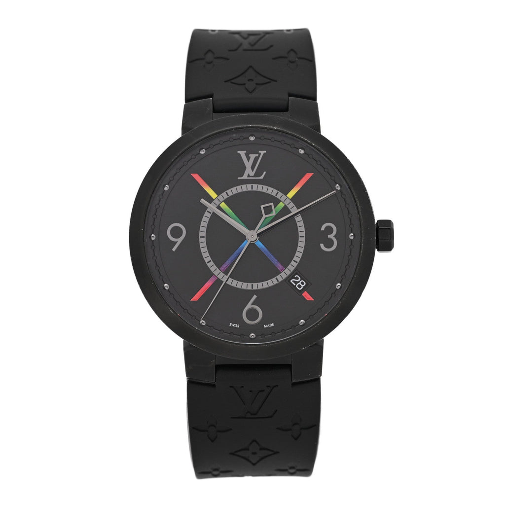 Louis Vuitton Stainless Steel Rubber 39mm Tambour Slim Rainbow Quartz Watch Black
