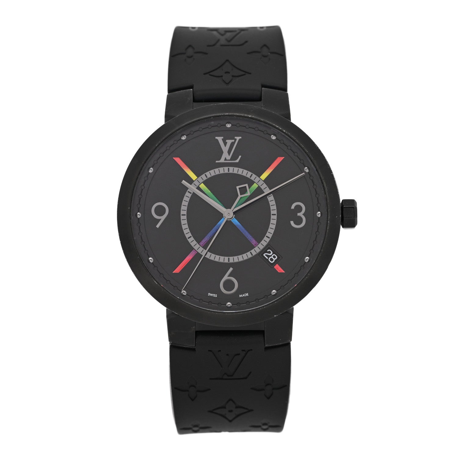 Louis Vuitton Stainless Steel Rubber 39mm Tambour Slim Rainbow Quartz Watch Black